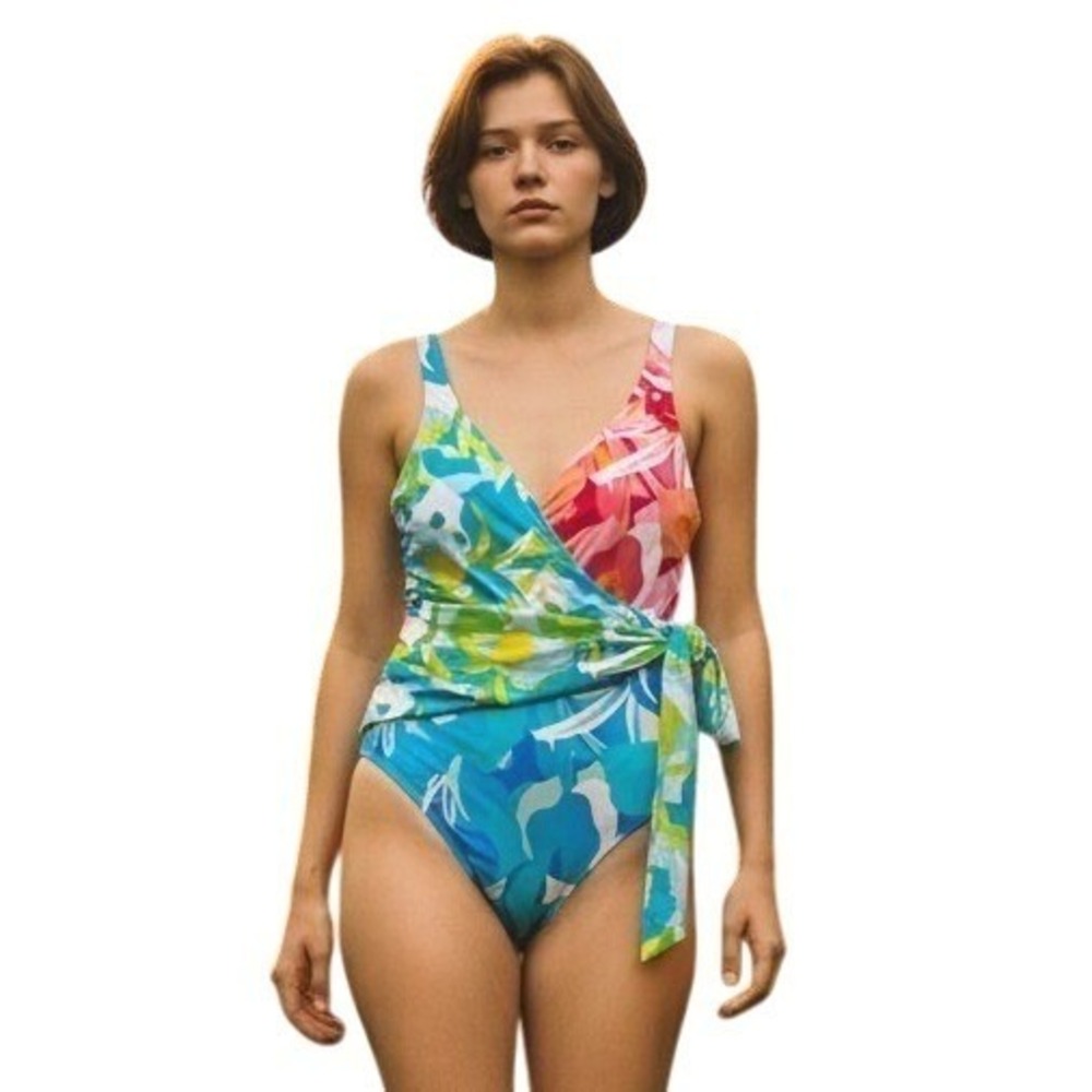 Bleu Rod Beattie Floral Wrap One Piece Swimsuit Multi Color Side Tie Adjustable